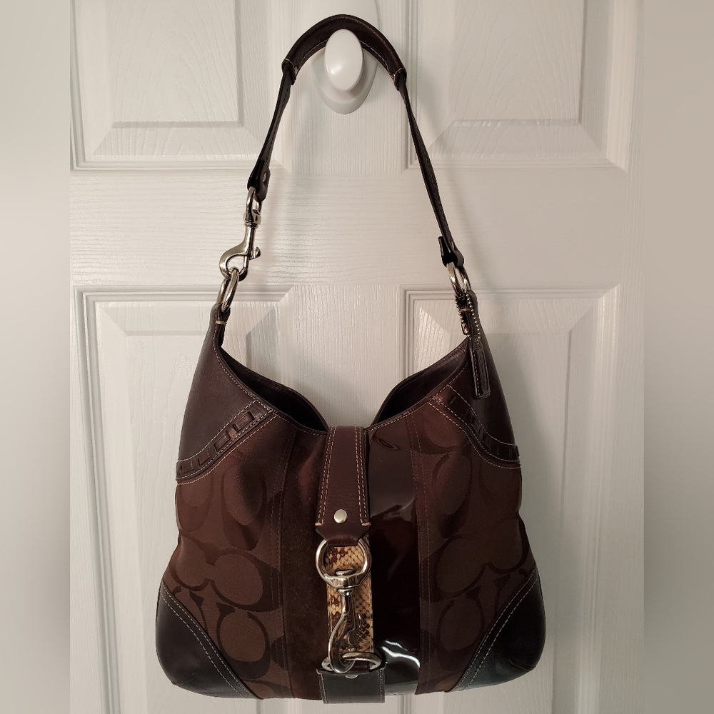 π€ Vintage Coach Hampton Python Hobo Brown Leather And Monogram Shoulder Bag